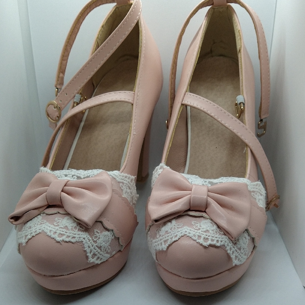 Pink and White Heels with Bow and Lace Detail